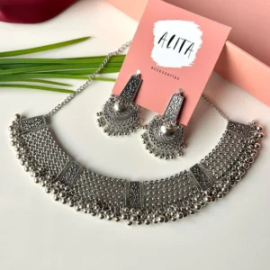 Traditional Silver Choker Jewelry Set for Women – Ethnic Necklace & Earrings