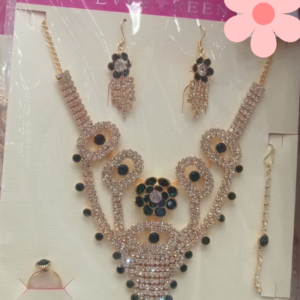 Evergreen Traditional Crystal-Encrusted Statement Necklace Set – Gold-Tone Bridal Jewelry with Earrings, Ring, and Tikka