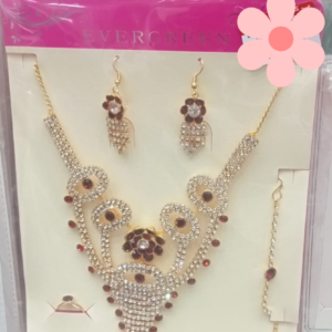 Evergreen Luxury Bridal Jewellery Set – Golden Necklace, Earrings, Bracelet & Ring with Maroon Stones